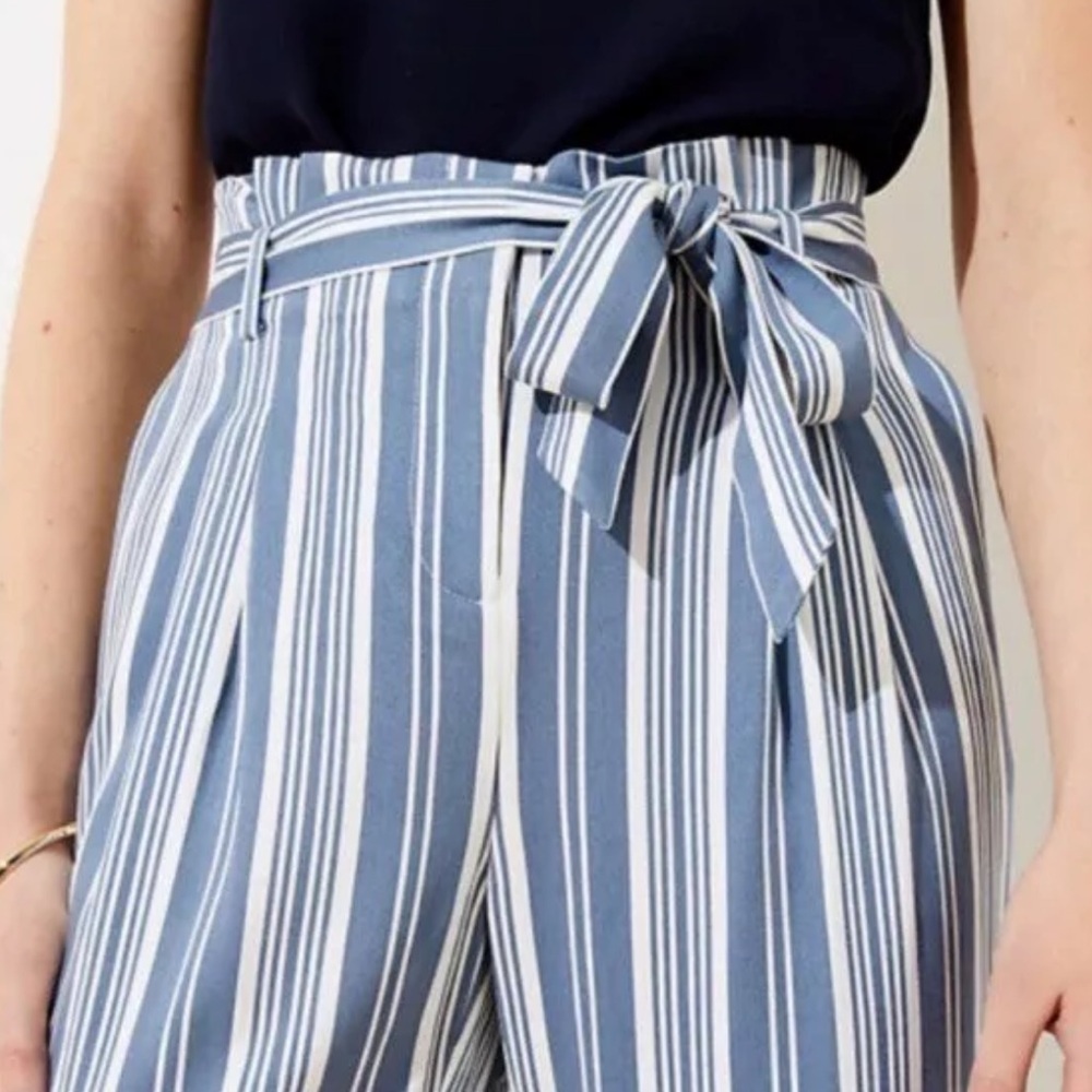LOFT | Striped High Rise Paperbag Elastic Waist Tapered Pant Blue Size Medium - Picture 8 of 8